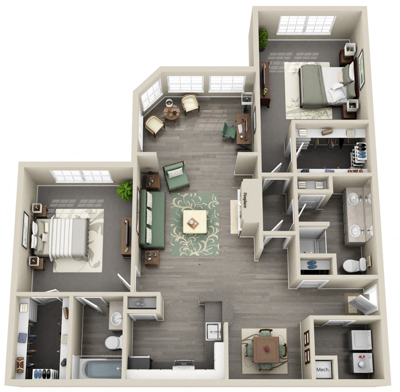 Floor plan for 2 beds, 2 baths, 1210 sqft